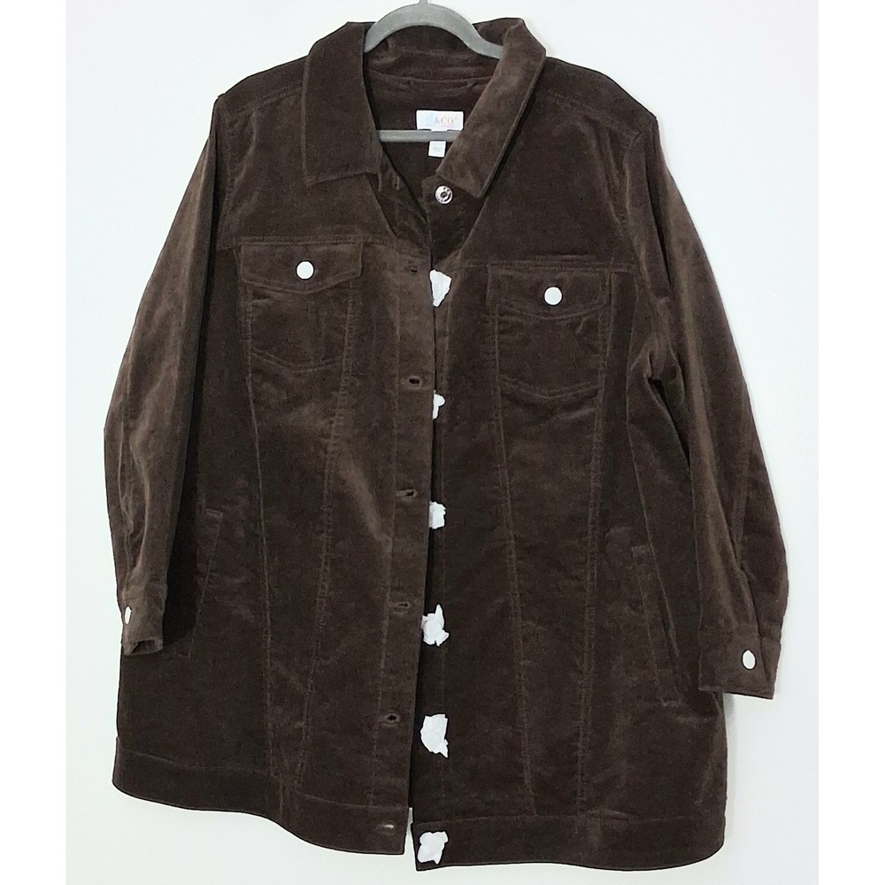Denim & Co Long Jacket 2XP Petite Brown Stretch Velveteen Barn Chore Trucker NEW